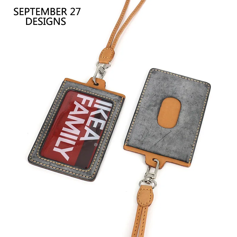 

ID Badge Holder First Layer Cow Leather Identity Card Holders Top-end Name Tag Vertical Style Bus id Card Neck Lanyard Keychain