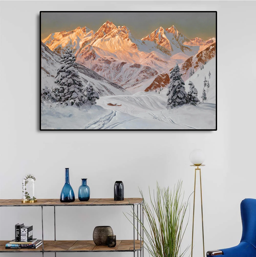 Nordic Снежная гора декорации Wall Art Холст Картина Пейзаж Плакаты и печать Настенная