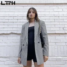 LTPH – veste croisée à carreaux pour femme, manteau décontracté, à manches longues, élégant, vintage, bureau, costume, nouvelle collection automne 2021 