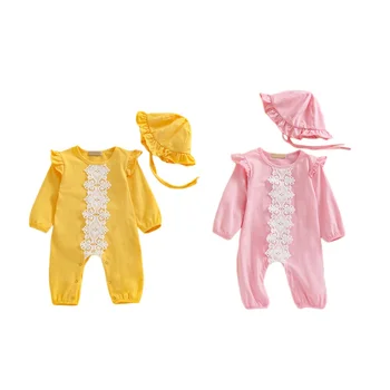 

Spring Autumn Casual Fashion Baby Girl Lace Long Sleeve Bodysuits And Hat Kids Two-piece Outfit Set
