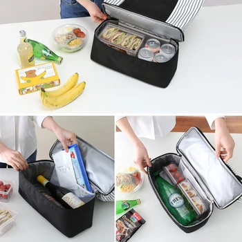 

Food Lunch Bag Thermal Insulated Picnic Box Storage Cooler Handbag Dual Compartment Striped Portable Fashion Tote Pouch