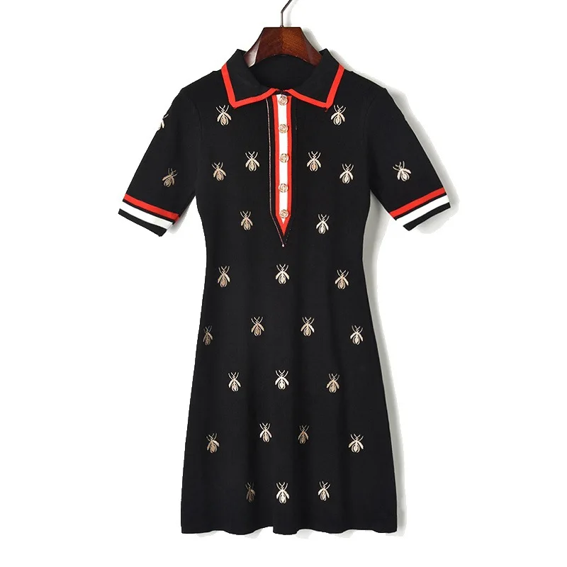 

Fashion Designer Women Contrast Turn Down Collar Bees Embroidery Knitted Dresses Button Short Sleeve Runway Embroidery Dress