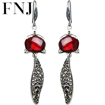 

FNJ Fox MARCASITE Earrings 925 Silver Original Pure S925 Sterling Silver Drop Earring for Women Jewelry Red Zircon Green Agate