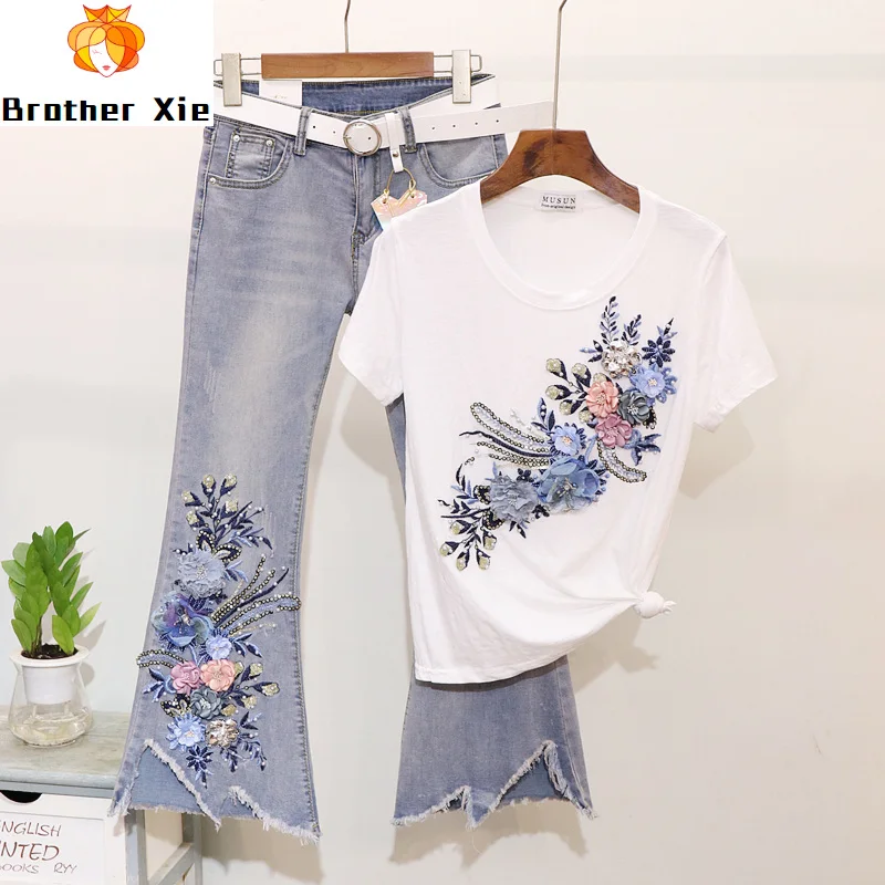

Spring Summer New Flare Jeans Set Studded Embroidery Flower Cotton T-shirt + Jean Two-piece Lady Ripped Denim Pants Suit Women