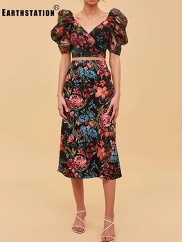 

Free shipping retro printing bubble sleeve shirt two-piece suit ladies summer new + high waist bag hip skirt fashion suit