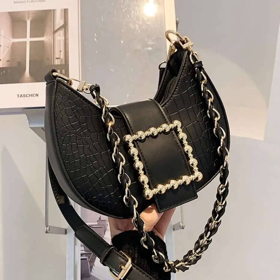 Crocodile pattern Saddle bag 2021 Fashion New High quality PU Leather Womens Designer Handbag Chain Shoulder Messenger Bag