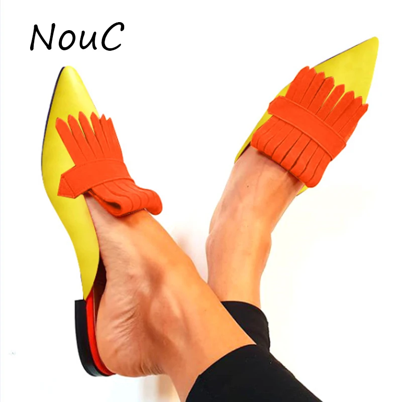 

Customized Women Flats Shoes Female Slippers Summer Mules Shoes Muti-Color Lady Mules Low Heels Pointe Toe Tassel Slides