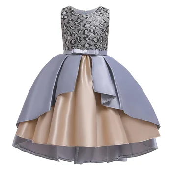 

Ballgown Grey Girls Kids Long Formal Evening Dresses Satin Sequins High Low First Communion Dresses For Party