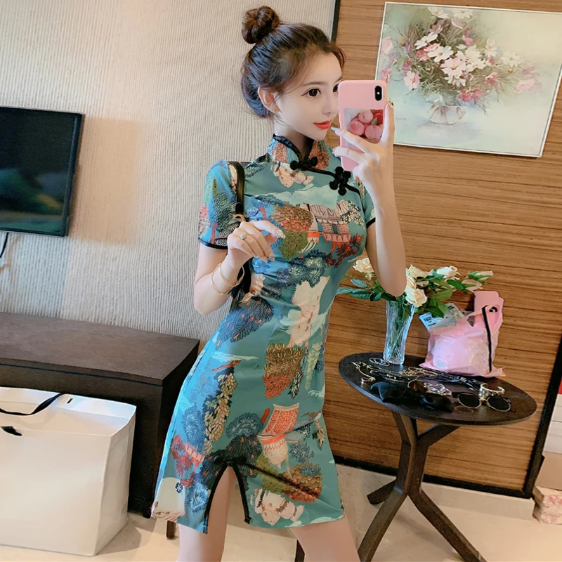 Китайское женское платье cheongsam qipao vestidos Восточный Чонсам женское нижнее белье с косой вилкой воротник Мандарин восточное платье