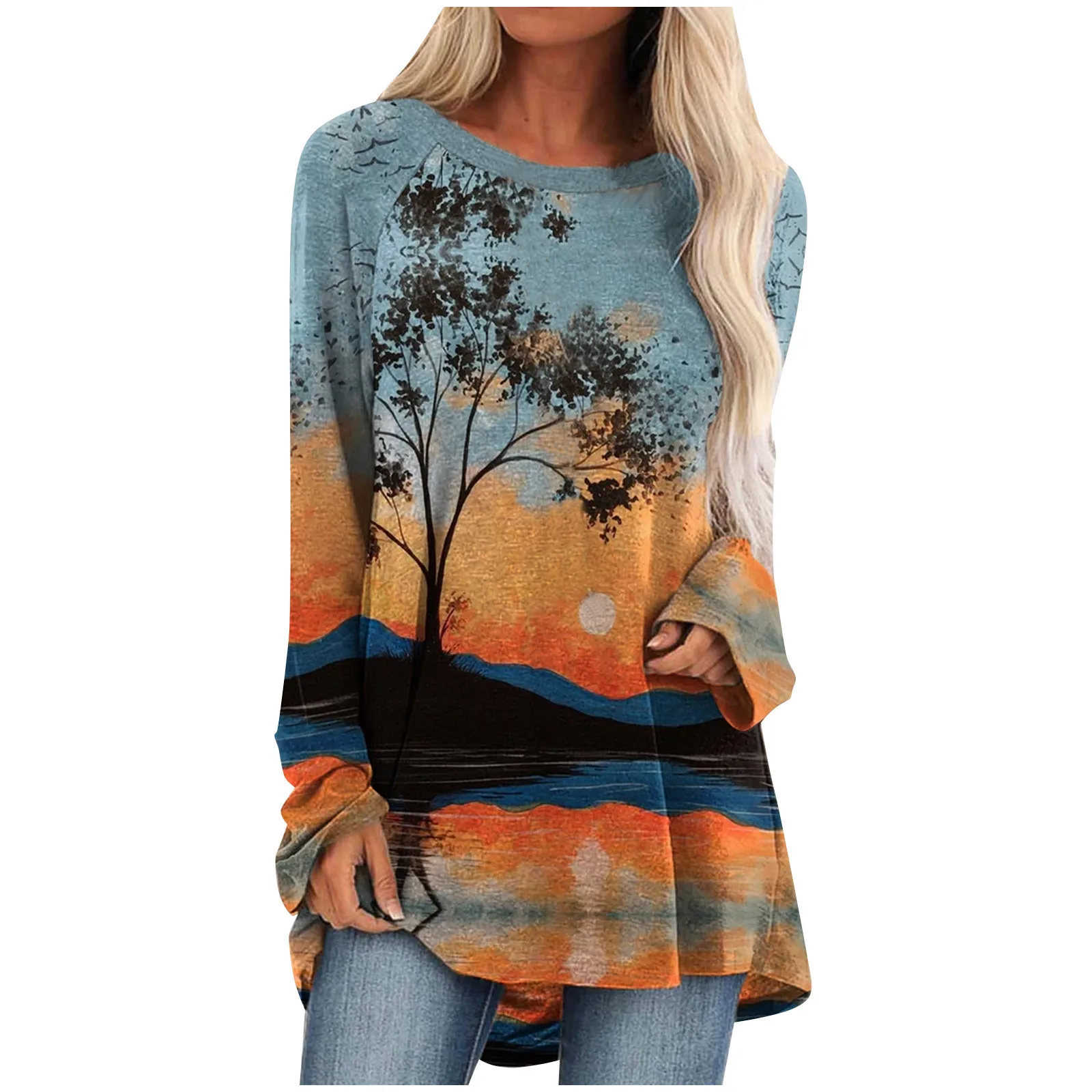 Camisetas con estampado De montaña para Mujer, Blusas De manga larga, Tops De talla grande, ropa De Moda para Mujer 2021
