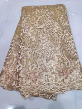

African Flower gold white Embroidered Tulle Lace, African Lace Fabric 2019 High Quality Lace Powder beads stones Orange 3D Lace