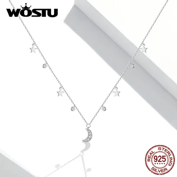 

WOSTU Authentic 925 Sterling Silver White Moon & Star Pendant Necklace for Women Chain Link Necklaces Silver 925 Jewelry BKN420