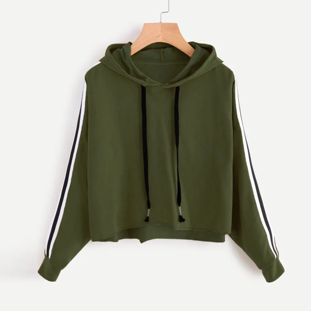 JAYCOSIN Fashion Women Striped Long Sleeve Loose Sweatshirt Casual Solid Simple Chic Solid Color Hooded Pullover Top 