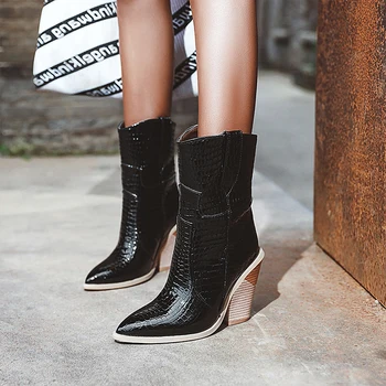 

Women Toe Pointed Mid-calf Boots Women's Patent Leather Woman Thick High Heels Ladies Pumps Female Fashion Footwear Plus Size 46