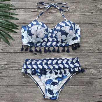 

Bikinis Women Blue Bandage Swimsuit 2020 Sexy Push Up Swimwear Print Fringe Bikini Beach Bathing Suit Halter Bikinis Suit Swim