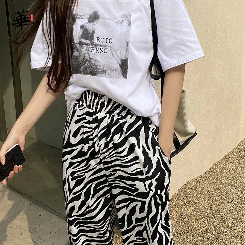 plaid pants Casual High Waist Straight Pants Loose Printed Wide Leg Pants One Size Trousers Girls Sexy Streetwear denim capris