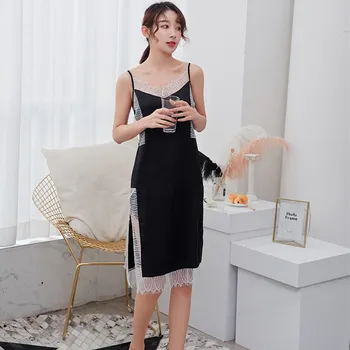 

Summer Women's Sleepwear Female Sexy Spaghetti Strap Nightgown One Size Faux Silk Nightdress Long Dress Gown
