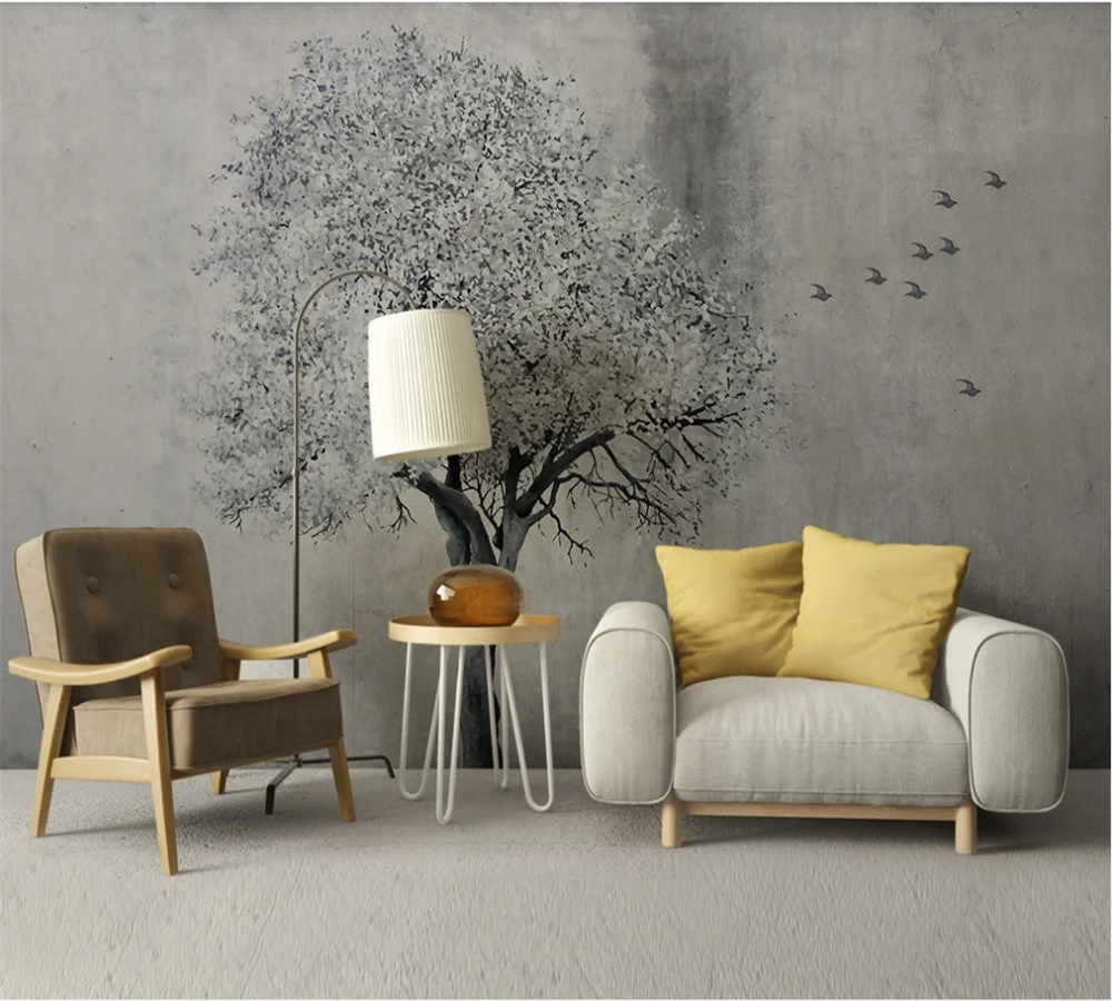 

Custom wallpaper mural 3D-8D wall cloth creative hand-painted a tree flying bird nostalgic background wall painting