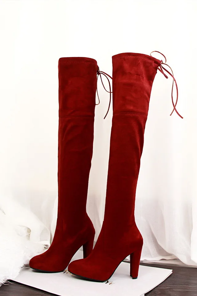

Sexy Thigh Boots Women Block Heel Stretch Boots Ladies High Heel Over the Knee Boots with coral velvet Nude 2020 Winter
