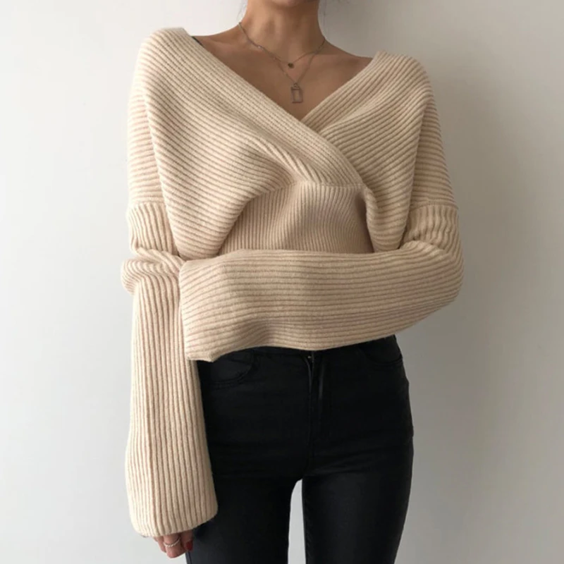 BGTEEVER модный теплый вязаный свитер с v-образным вырезом для женщин Зимний свободный Женский Пуловер Джемпер короткий вязаный свитер - Цвет: apricot