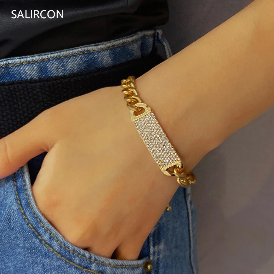 

Salircon Fashion Square Charm Rhinestone Bracelet Bangle For Women Punk Cuban Link Chain Thick Gold Color Bracelet Wristband Men