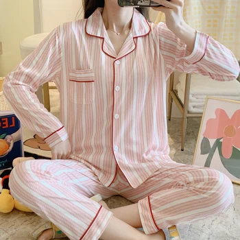 

Autumn new women's pajamas cardigan long sleeve milk silk Korean casual home wear white vertical bar