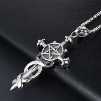 

Fashion Men Five-pointed Sword Pendant Chain Necklace For Male Best Gifts Retro Stainless Steel Cross Pendant Necklace