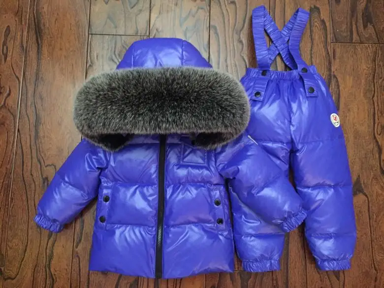-30 1-14Y Russian Snowsuit Children Sets White Down Boys Waterproof Clothing Kids Coat Winter Jacket Girls Big Real Fur Parka