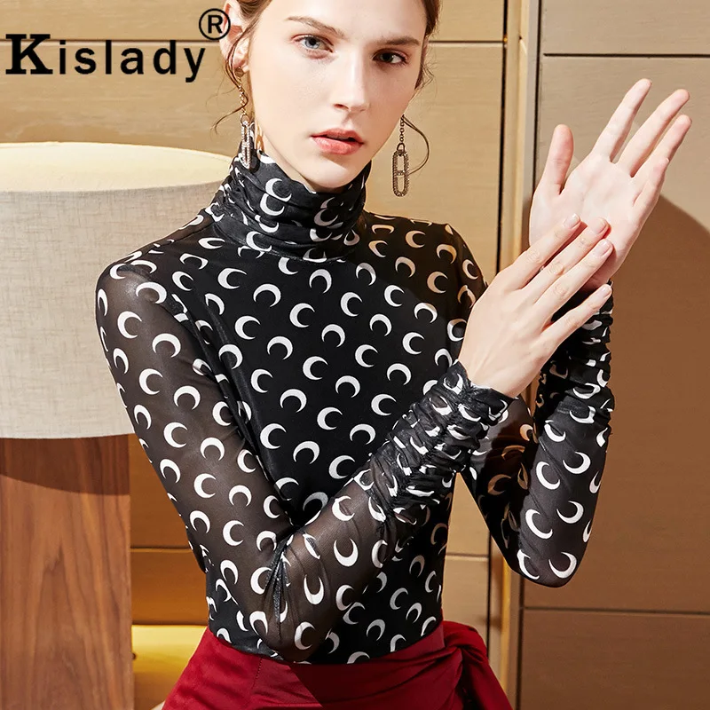 Kislady, осенние женские топы с принтом Луны, с воротником-стойкой, сетчатые топы, повседневные тонкие базовые рубашки для зимы, Harajuku, готика, Корейская одежда