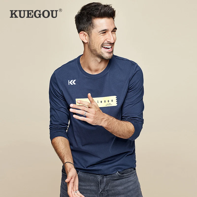 KUEGOU 2019 осень 100% хлопок вышивка принт синяя футболка мужская брендовая с длинным