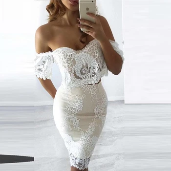

2019 Summer Women White With Khaki Patchwork Mesh Hollow Out Bandgae Dress Two 2 pieces Sexy Off The Sholder Mid Calf Club Dress