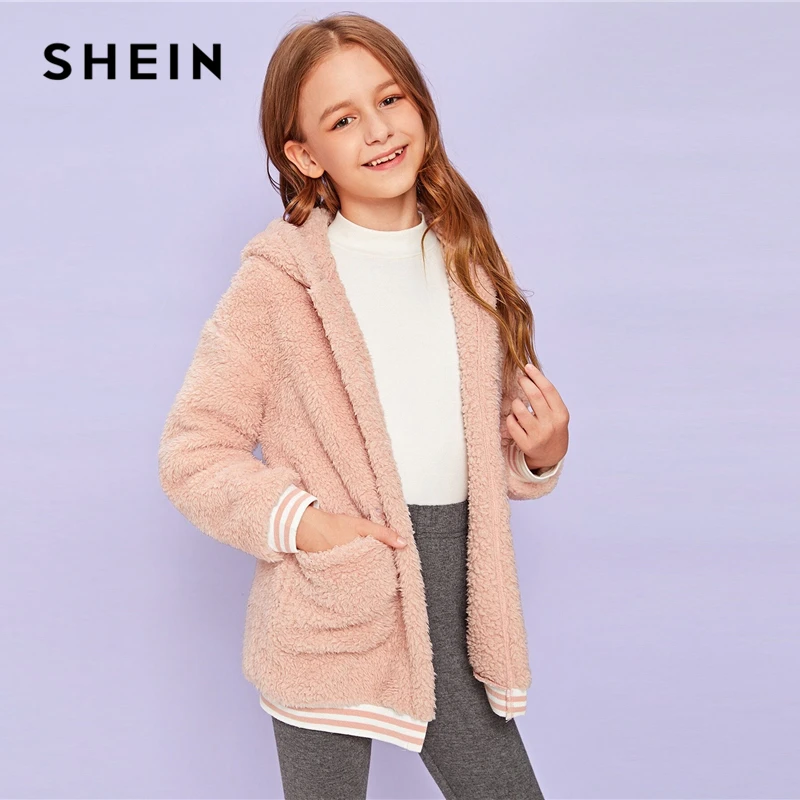 SHEIN/детская розовая куртка в полоску с карманами и капюшоном спереди для девочек; Детское пальто; коллекция года; сезон осень-зима; элегантные куртки с длинными рукавами