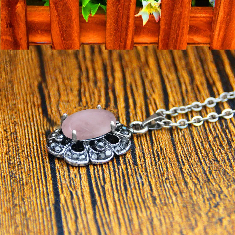 Vintage Natural Pink Quartz Jewelry Set Rhinestone Flower Necklace Earring Antique Sliver Plated For Women Fashion Jewelry