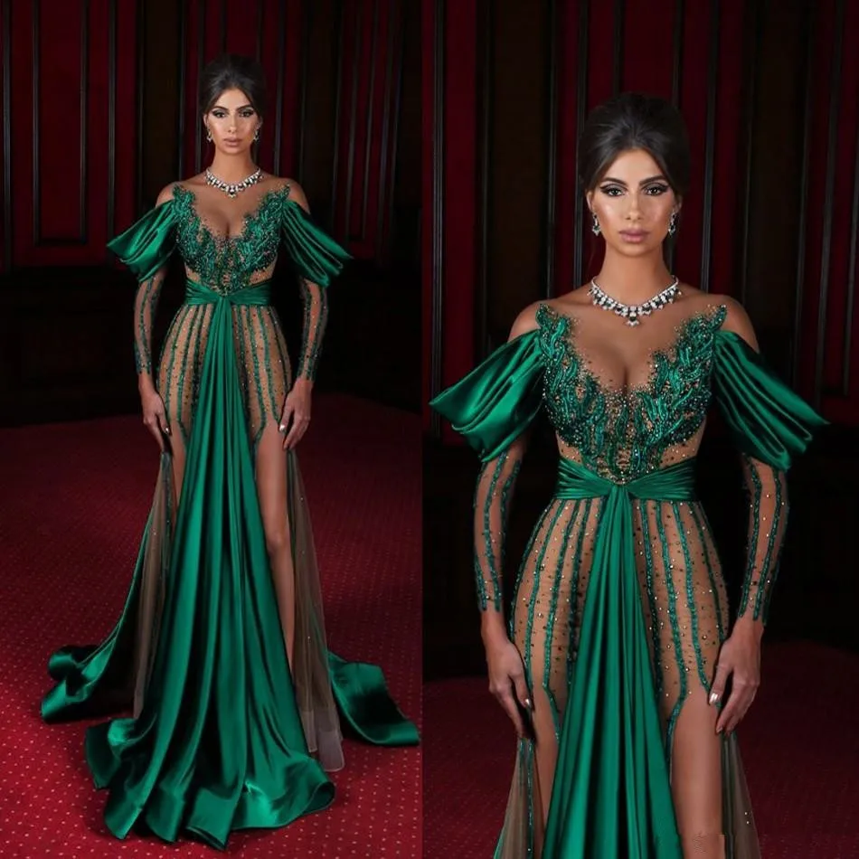 

Dark Green Evening Dresses 2020 Sheer Jewel Neck High Side Split Long Sleeve Mermaid Prom Dress lace appliques Saudi Arabia