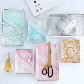

Scandinavian Colorful Marble Pattern Golden Line Storage Trays Nordic Jewelry Necklace Ceramics Plate Table Dessert Snack Dish
