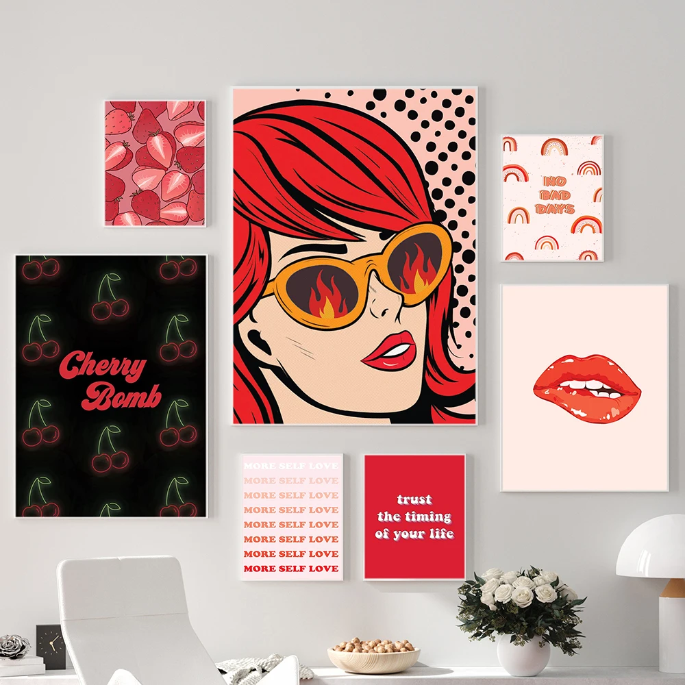 

Red Pop Art Woman Painting Rainbow Strawberry Cherry Sexy Lips Canvas Print Quote Wall Pictures For Living Room Home Decoration