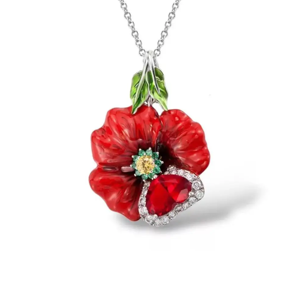 Красный цветок, эмалированные Ювелирные наборы для женщин, красный камень и индивидуальные Эмалированные кольца ручной работы для женщин, эмалированные ювелирные изделия - Окраска металла: pendant necklace