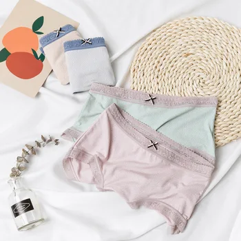 

Gentle mist style panties Silky soft modal mid-waist breathable Briefs cotton file sexy lace-edged pink lingerie shorts