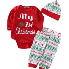 Новая одежда для маленьких девочек на первое Рождество, комбинезон+ штаны, шапка, комплект из 3 предметов, Рождественская одежда