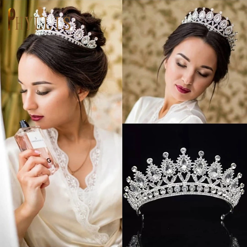 A111 Wedding Tiaras and Crowns for Bride Headwear Earring Necklace Jewelry Set Bridal Headpiece Rhinestone Headband Queen Diadem