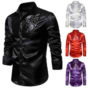

Long Sleeve Shirts Men Shirt Solid Color Shiny Sequins Buttons Down Shirt male Shirts for Stage Performance party Costume