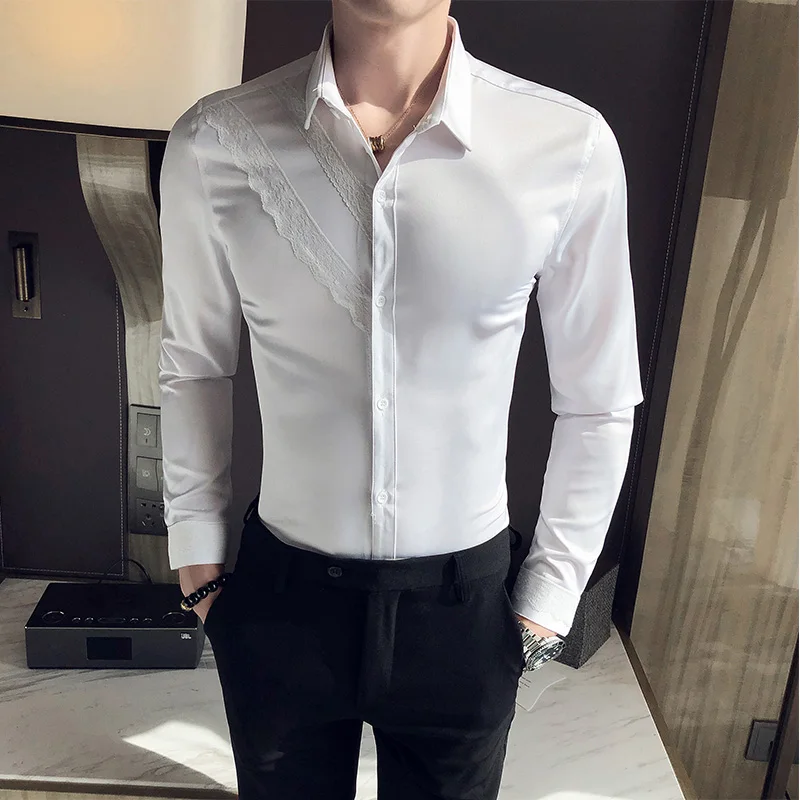 

2020 New Mens Shirts Lace Long Sleeve Solid Slim Fit Shirt Men Formal Luxury Design Business casual shirts Male Dress Tops