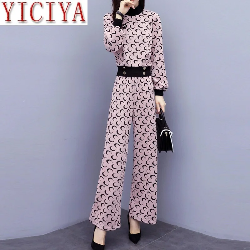 

Pink Two Piece Set Women Sweater Pant Sets 2019 Autumn Fashion Elegant Runway Tracksuit Elegant 2pcs Knitted Wide Leg Pant Suits