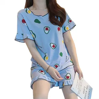 

Women Ruffles Short Sleeve 2Pcs Pajamas Set Cartoon Orange Avocado Sleepwear M7DD