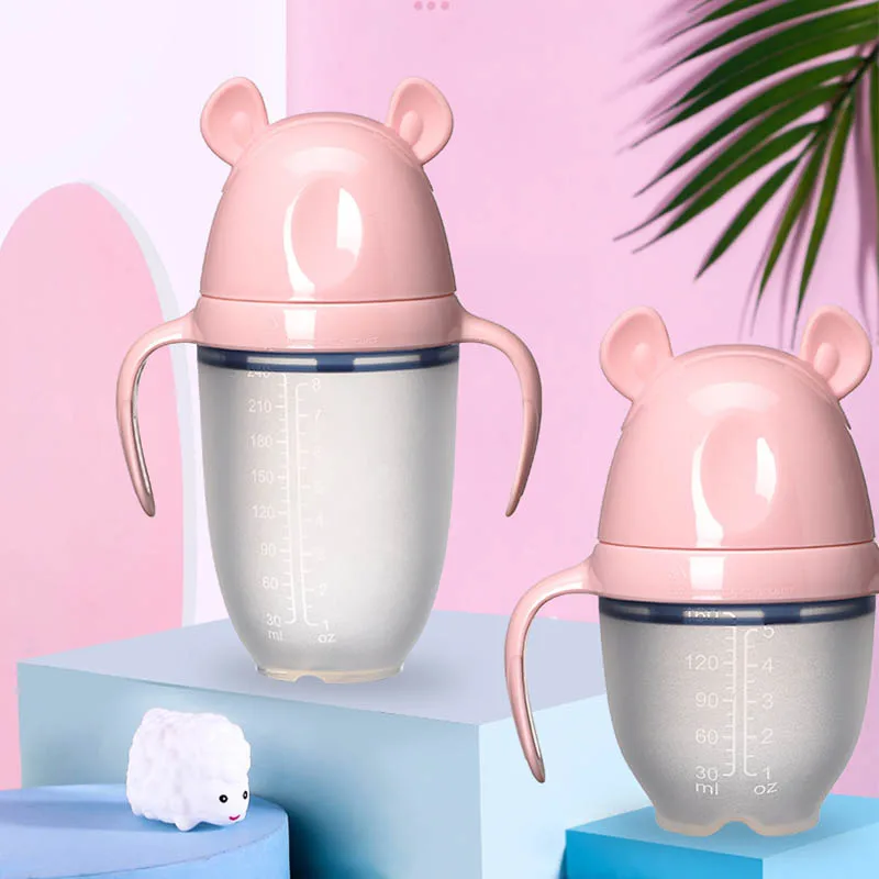 Новая полная силиконовая бутылка анти-плоское с ручкой мультфильм стерео форма широкий рот моделирование груди Молока бутылка