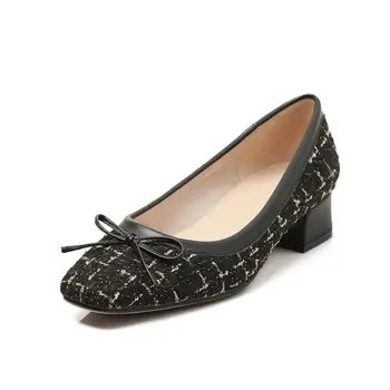 

Spring Autumn Fashion Pumps Women Shoes 3.5CM Thick High Heel Leather Comfort Lining Bow Decoration Square Toe Women's Shoes
