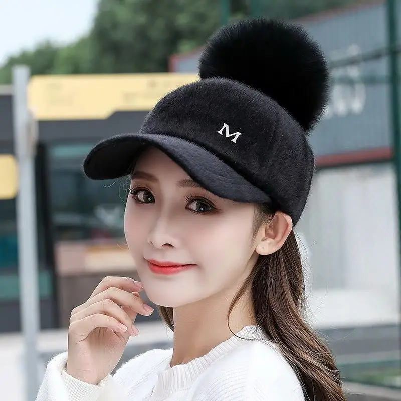 

New Brand Baseball Caps Winter Cap For Women Kids Faux Fur Pompom Ball Cap Adjustable Casual Snapback Hat Cap