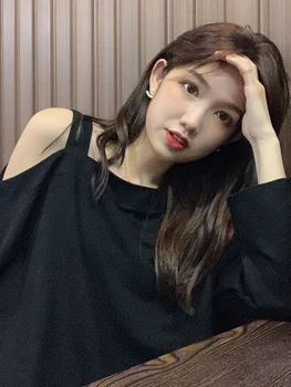 

Women Spring Summer Fashion Korea Style Off Shoulder Special Design Oversized Long Sleeve Tshirt Office Lady Cotton Casual Tees