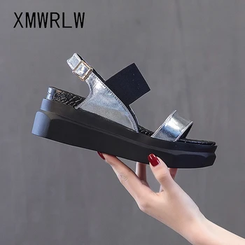 

XMWRLW Genuine Leather Summer Sandals For Women High Heels Shoes Female Sandals Rubber Sole Women Summer Shoes Buckle Sandal