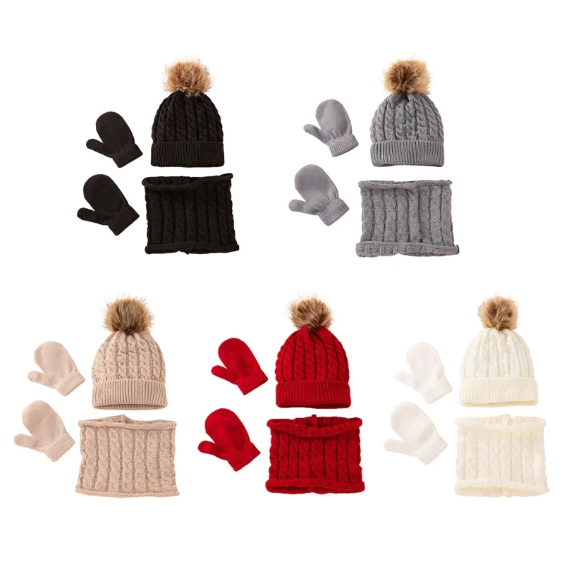 

Winter Warm Baby Solid Color Hat Gloves Scarf Set Fur Ball Beanies Mitten Scarves Kit for Toddler Girls Boys G99C